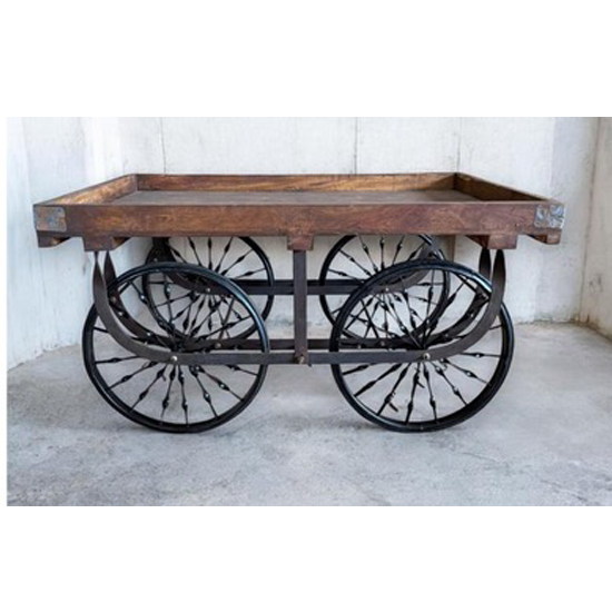 Load image into Gallery viewer, Wooden cart with large iron wheels on a white background