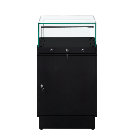 Load image into Gallery viewer, Slimline 500mm x 500mm retail display case with lockable glass top and cupboard in black.