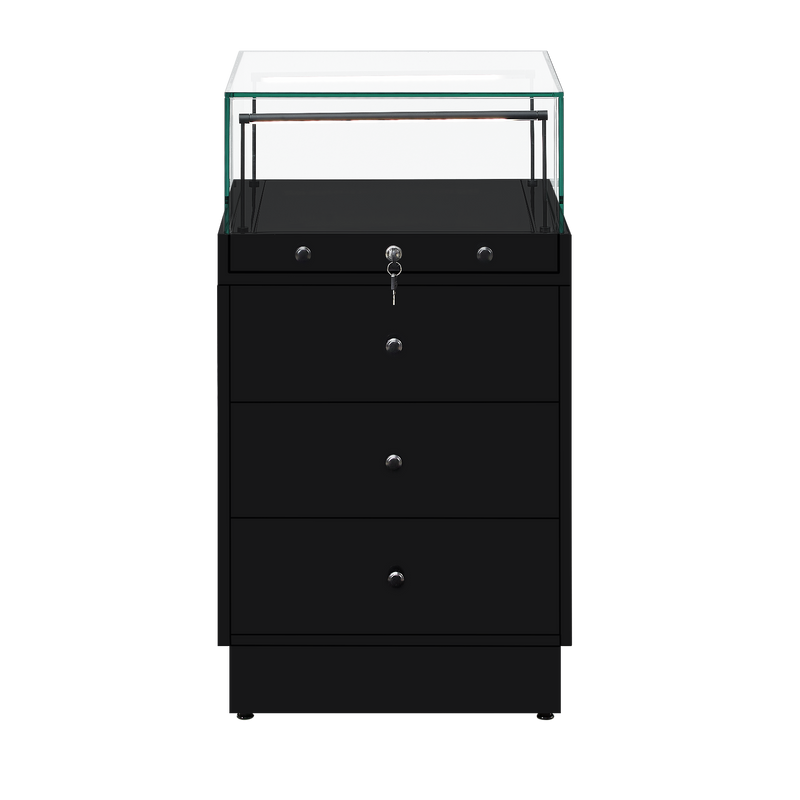 Load image into Gallery viewer, Slimline retail display case 500mm wide with lockable glass top and storage drawers in black.