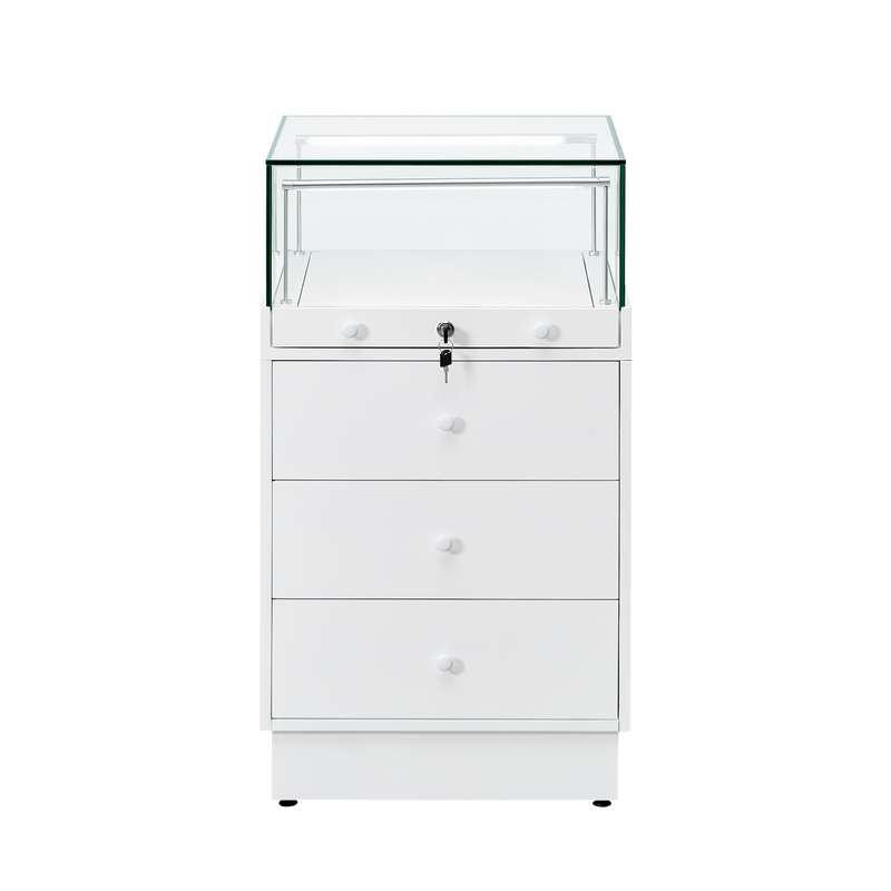Load image into Gallery viewer, Slimline retail display case 500mm wide with lockable glass top and storage drawers in white.