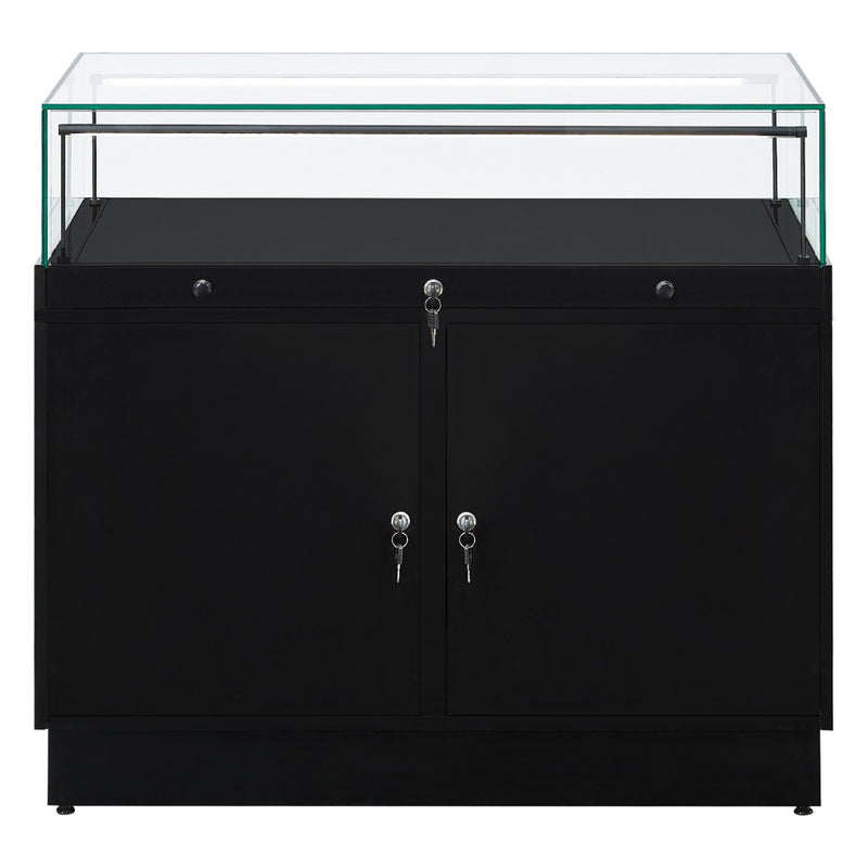 Load image into Gallery viewer, 1000mm x 500mm x 900mm. Black freestanding glass and wood display unit with locks and cupboard.