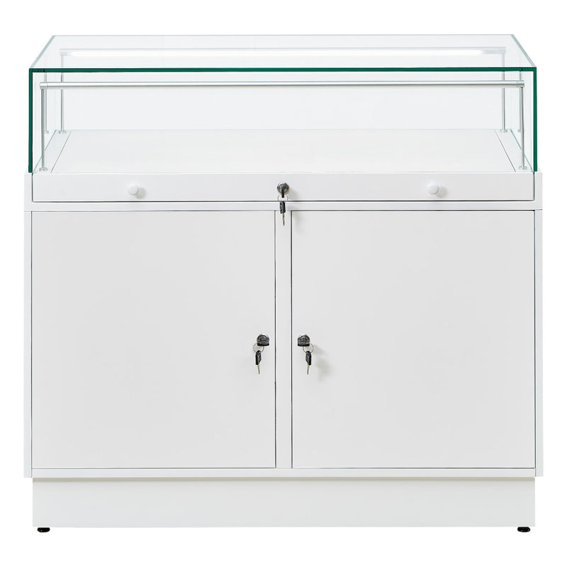 Load image into Gallery viewer, 1000mm x 500mm x 900mm. White freestanding glass and wood display unit with locks and cupboard.