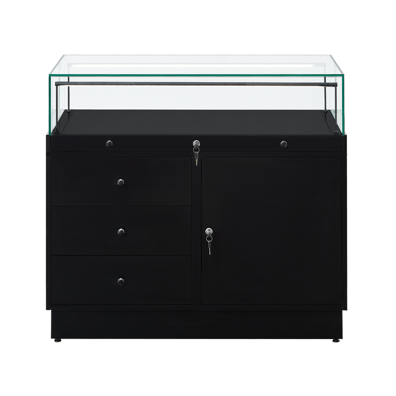 Load image into Gallery viewer, Lockable display case for retailers with storage drawers and integrated cupboard in black 1m wide.