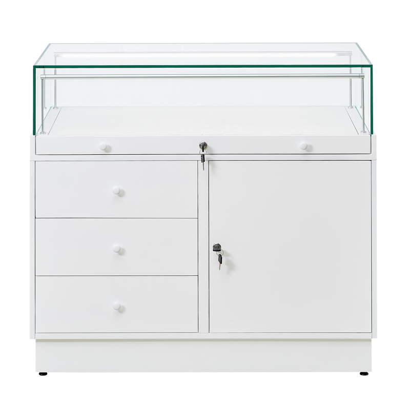 Load image into Gallery viewer, Lockable display case for retailers with storage drawers and integrated cupboard in white 1m wide.
