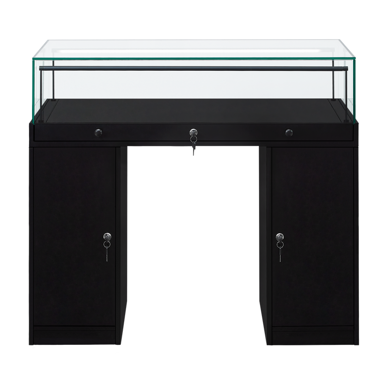 Load image into Gallery viewer, A black desk style retail display unit with a lockable glass top and two lockable cupboards.