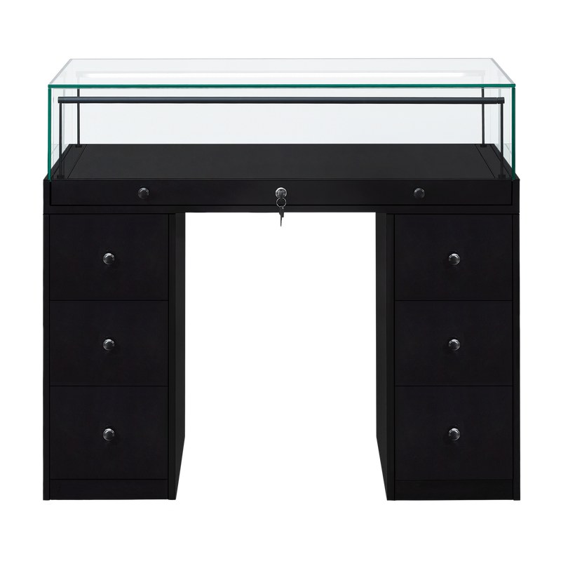 Load image into Gallery viewer, A black desk style retail display unit with a lockable glass top and storage drawers.