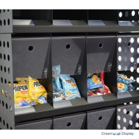 a close up of the shelving units on an 800mm wide crisp display shelving unit
