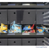 showing a close up from the front of a crisp shelving unit of the individual display sections