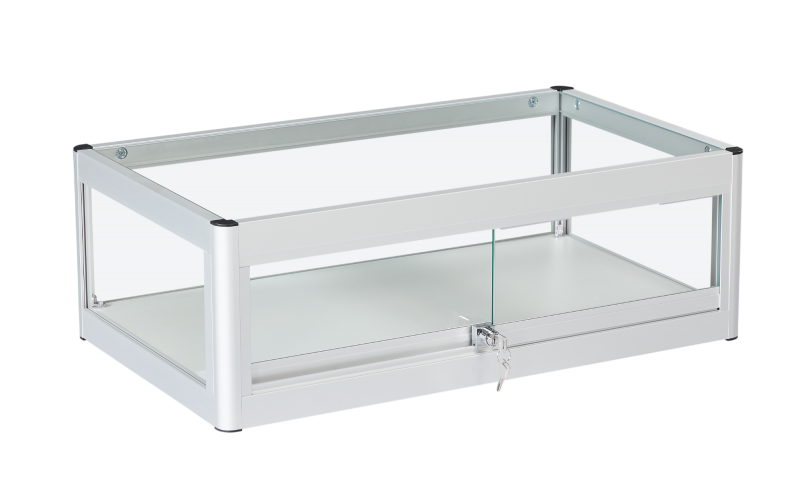 Load image into Gallery viewer, a side view of a landscape size aluminium and glass showcase in silver, with glass shelves and a security lock