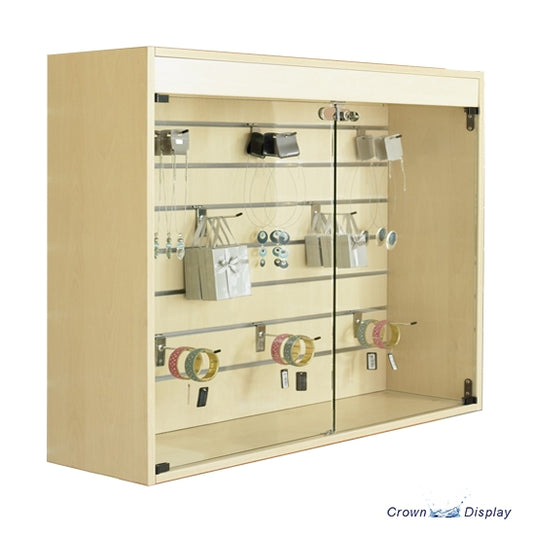 slatted wall mountable showcase with locking glass doors
