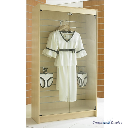 slatted freestanding showcase with lockable glass doors