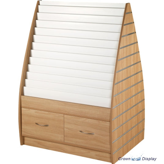 double sided greetings card display unit with storage drawers and slatted ends