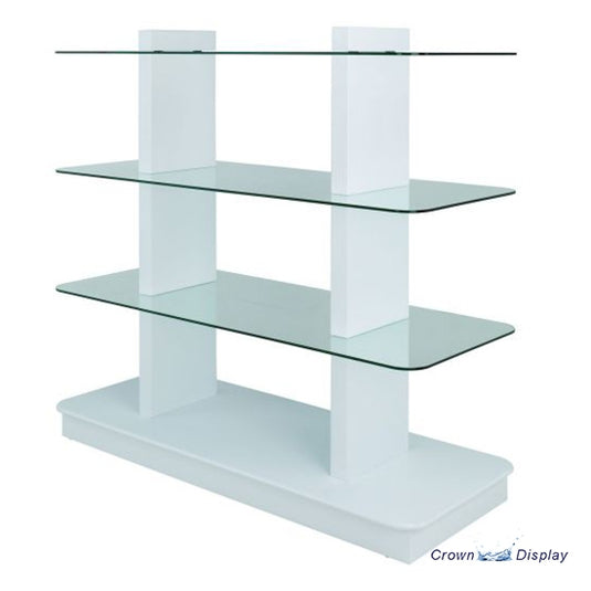 white gondola display unit with three glass shelves