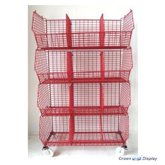 a red mobile retail display basket unit with  baskets
