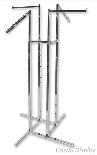 4-way, adjustable height retail sales display rail in a mirrored chrome finish