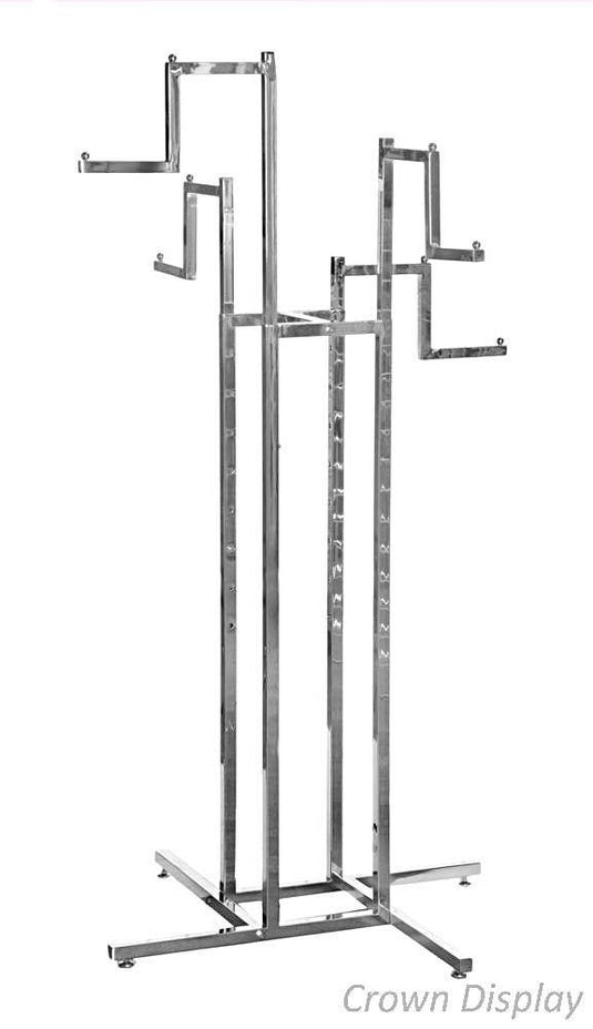 4-way stepped arm rail for retail sales display, with adjustable height and finished in mirrored chrome