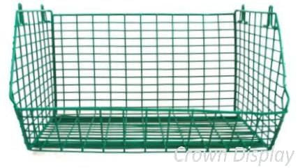 green freestanding storage basket for retail shelving and display