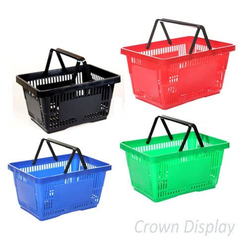 premium plastic shopping baskets available in black, red, blue and green