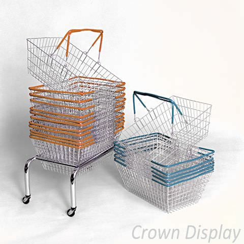 wire shopping baskets available in red, blue and green