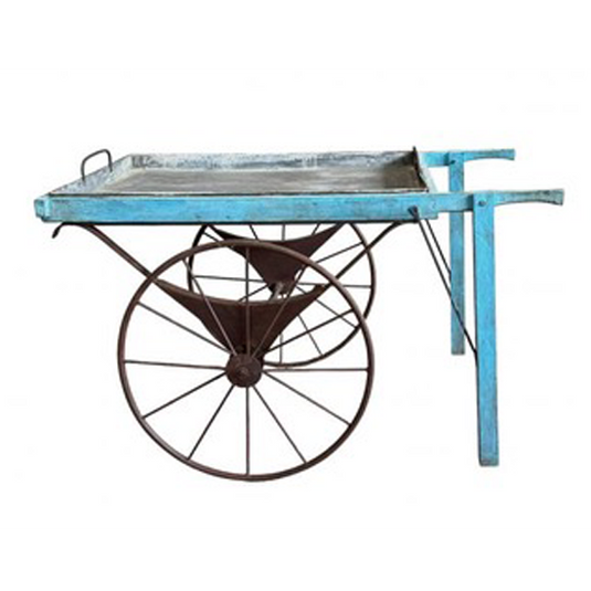 Vintage-style cart with blue frame and rustic wheels on a white background