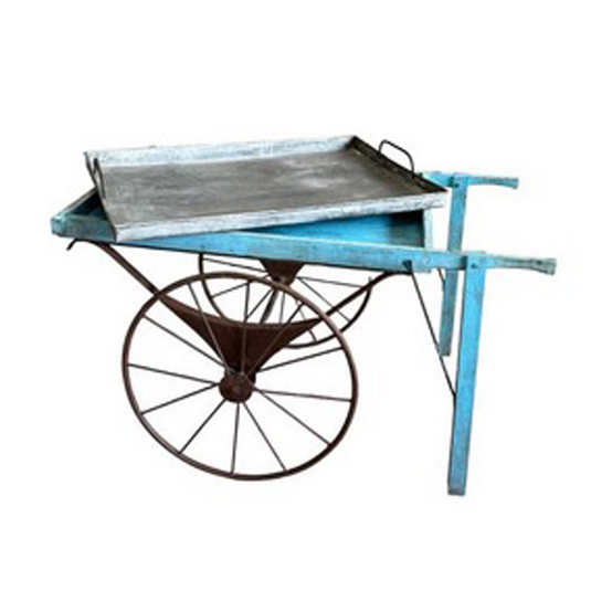 Blue cart with a metal tray on a white background
