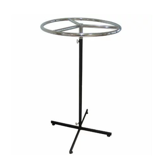 A circular clothes rail, chrome ring, black stand with 4 legs on a white background