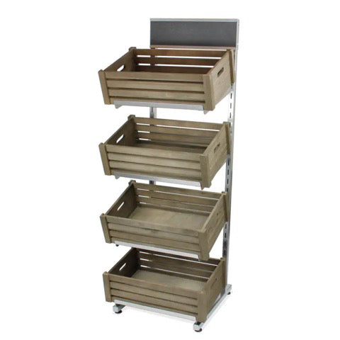 Metal cart with four wooden crates on a white background