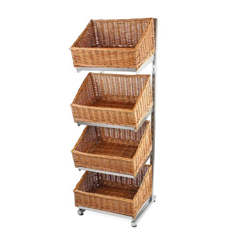 Metal display stand with 4 shelves and 4 deep wicker baskets. 