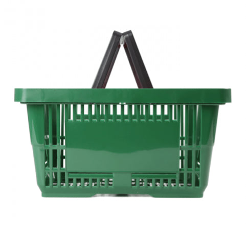 Small green coloured plastic shopping basket with two black handles on a white background