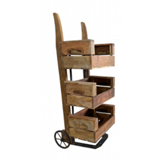 Wooden hand cart with 3 display boxes on a white background