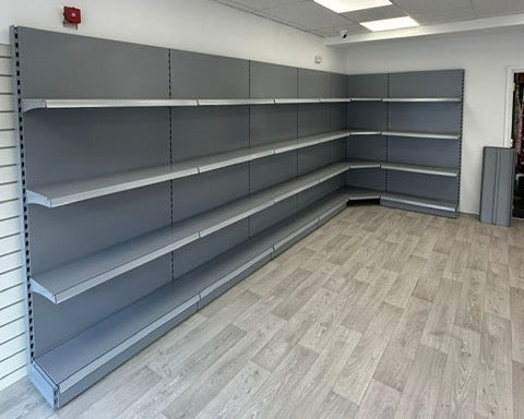 An empty row of shop shelves in grey colour within an empty shop
