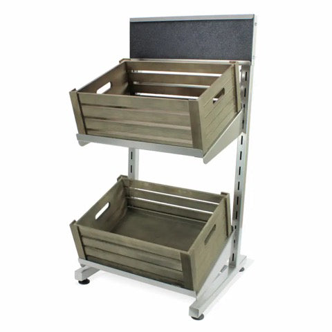 Low level 2 tier metal display stand with wood crates and header on a white background. 
