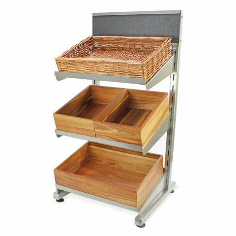 A low level metal stand with sloping shelves which hold a basket on top shelf, two wooden crates on the middle and one large box at the bottom. 