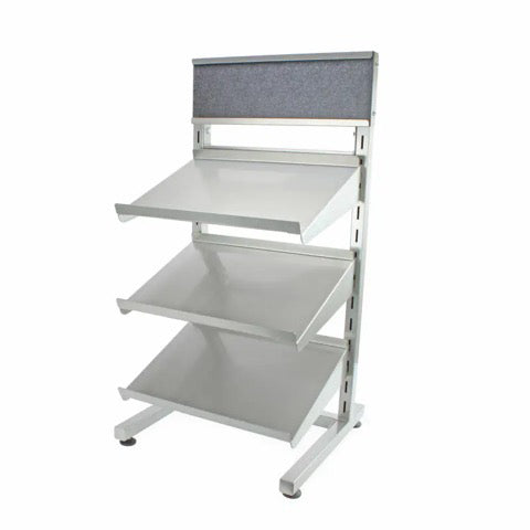Metal 3 tier retail shelving display stand with sloping shelves