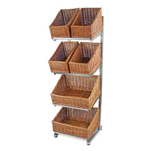 Wicker basket storage unit with multiple tiers on a white background