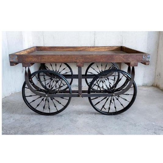 Wooden cart with large iron wheels on a white background