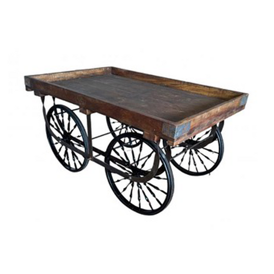 Wooden cart with large wheels on a white background