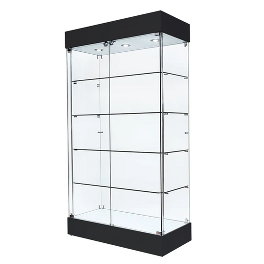 Glass display case with black base and top on a white background