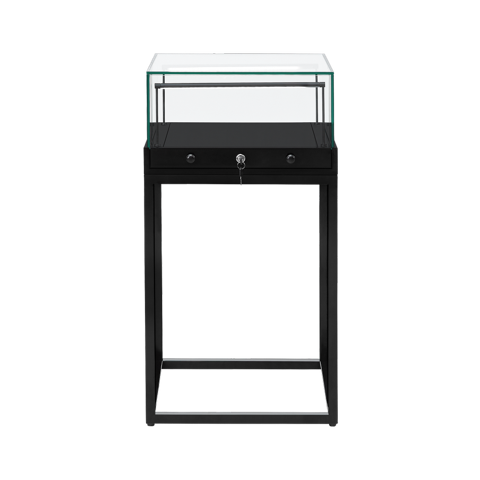 A slimline 500mm wide wide glass display case with a lock, sitting on a black metal stand 900mm in height