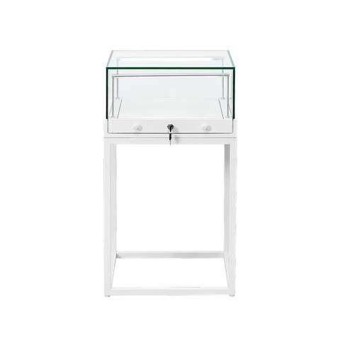 Load image into Gallery viewer, A slimline 500mm wide wide glass display case with a lock, sitting on a white metal stand 900mm in height
