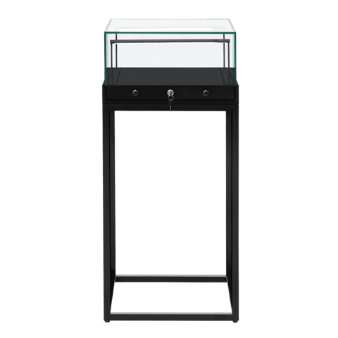 Load image into Gallery viewer, A slimline 500mm wide wide glass display case with a lock, sitting on a black metal stand 1100mm in height

