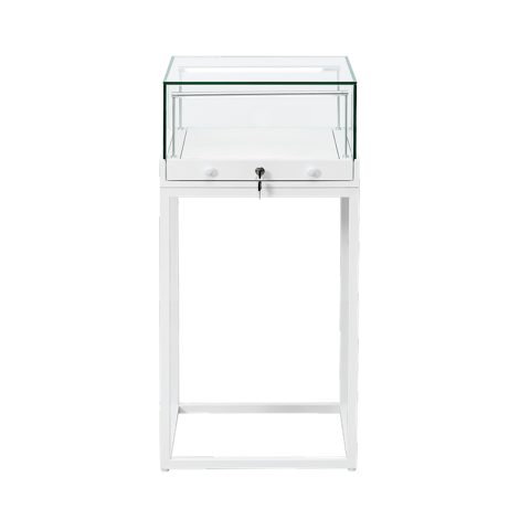 Load image into Gallery viewer, A slimline 500mm wide wide glass display case with a lock, sitting on a white metal stand 1100mm in height
