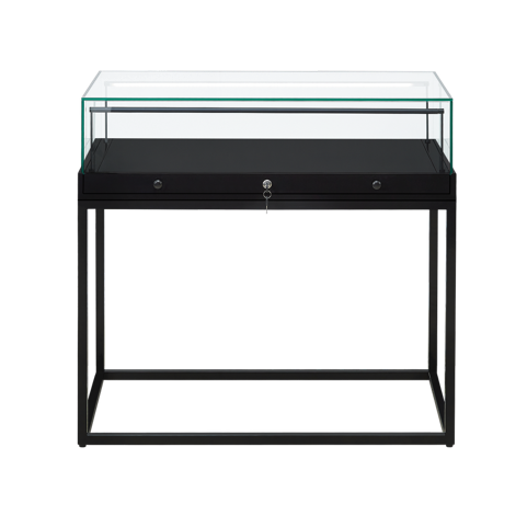 A 1000mm wide glass display case with a lock, sitting on a black metal stand