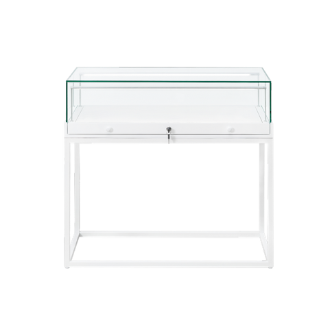 Load image into Gallery viewer, A 1000mm wide glass display case with a lock, sitting on a white metal stand
