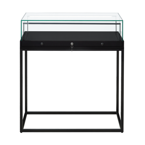Load image into Gallery viewer, A 1000mm wide glass display case with a lock, sitting on a black metal stand 1100mm in height
