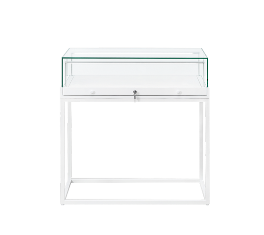 Load image into Gallery viewer, A 1000mm wide glass display case with a lock, sitting on a white metal stand 1100mm in height
