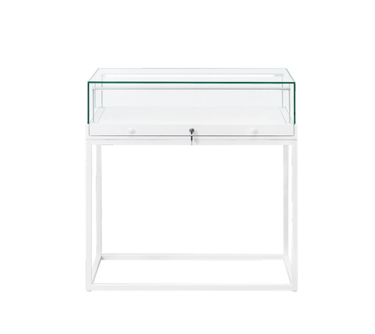 A 1000mm wide glass display case with a lock, sitting on a white metal stand 1100mm in height