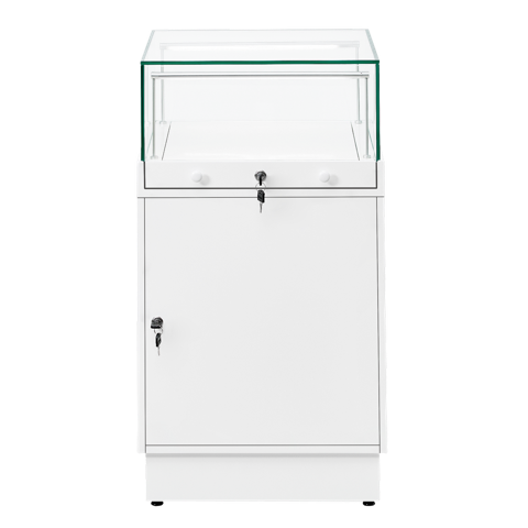 Slimline 500mm x 500mm retail display case with lockable glass top and cupboard in white. 