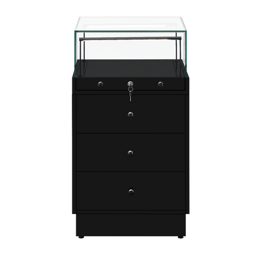 Slimline retail display case 500mm wide with lockable glass top and storage drawers in black. 