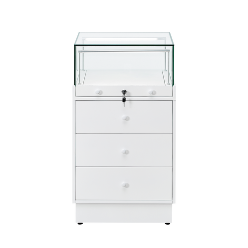 Slimline retail display case 500mm wide with lockable glass top and storage drawers in white. 